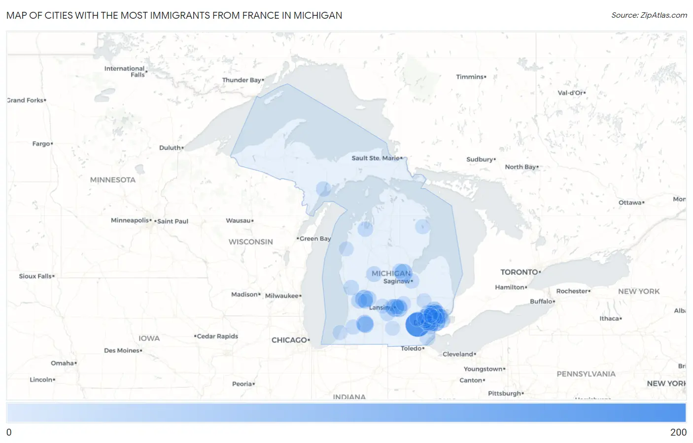 Cities with the Most Immigrants from France in Michigan Map