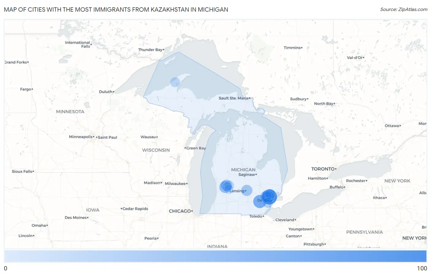 Cities with the Most Immigrants from Kazakhstan in Michigan Map