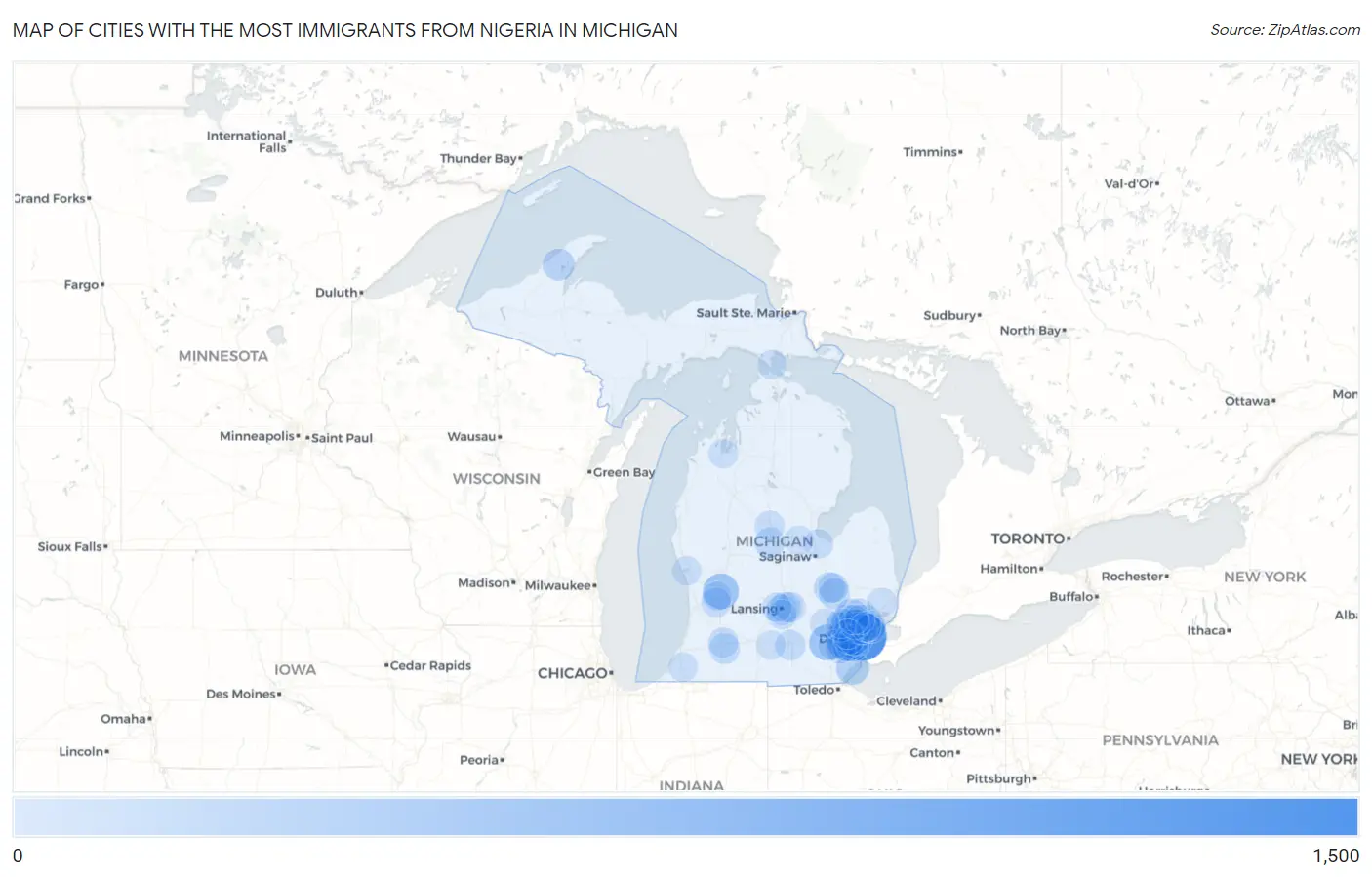 Cities with the Most Immigrants from Nigeria in Michigan Map