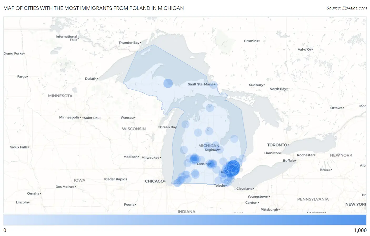 Cities with the Most Immigrants from Poland in Michigan Map