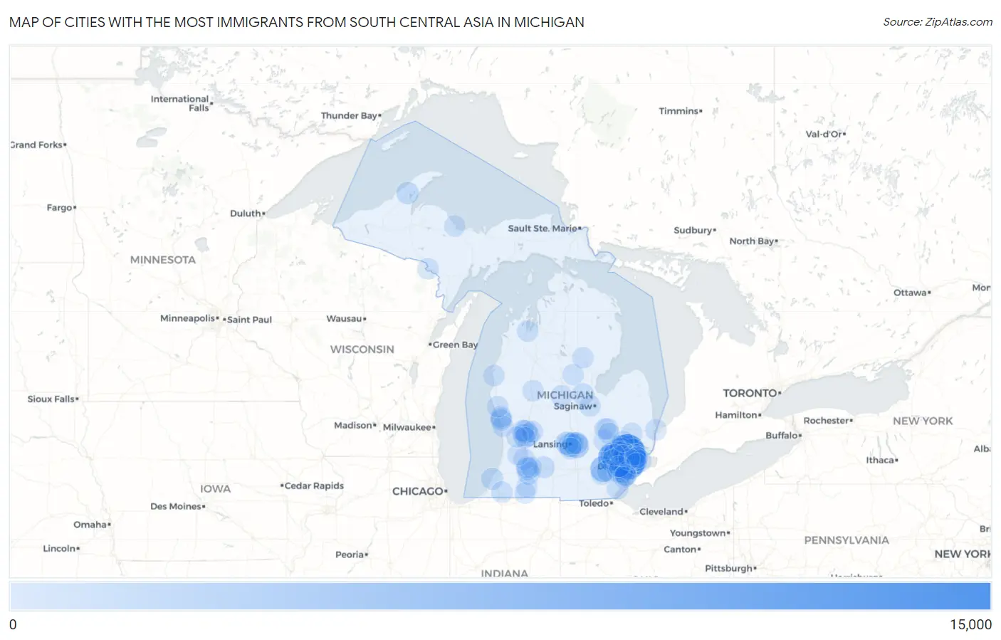 Cities with the Most Immigrants from South Central Asia in Michigan Map