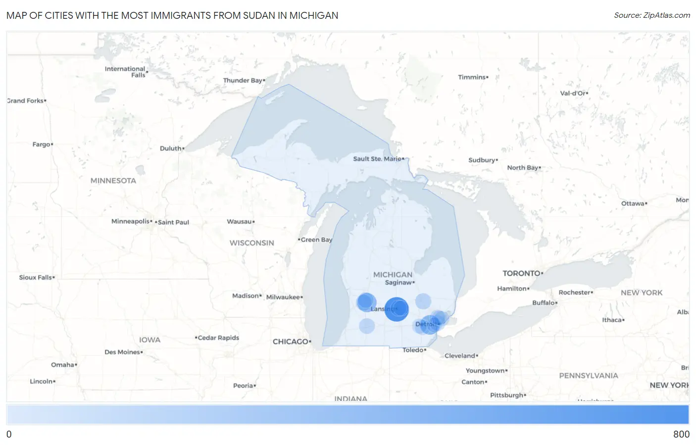 Cities with the Most Immigrants from Sudan in Michigan Map