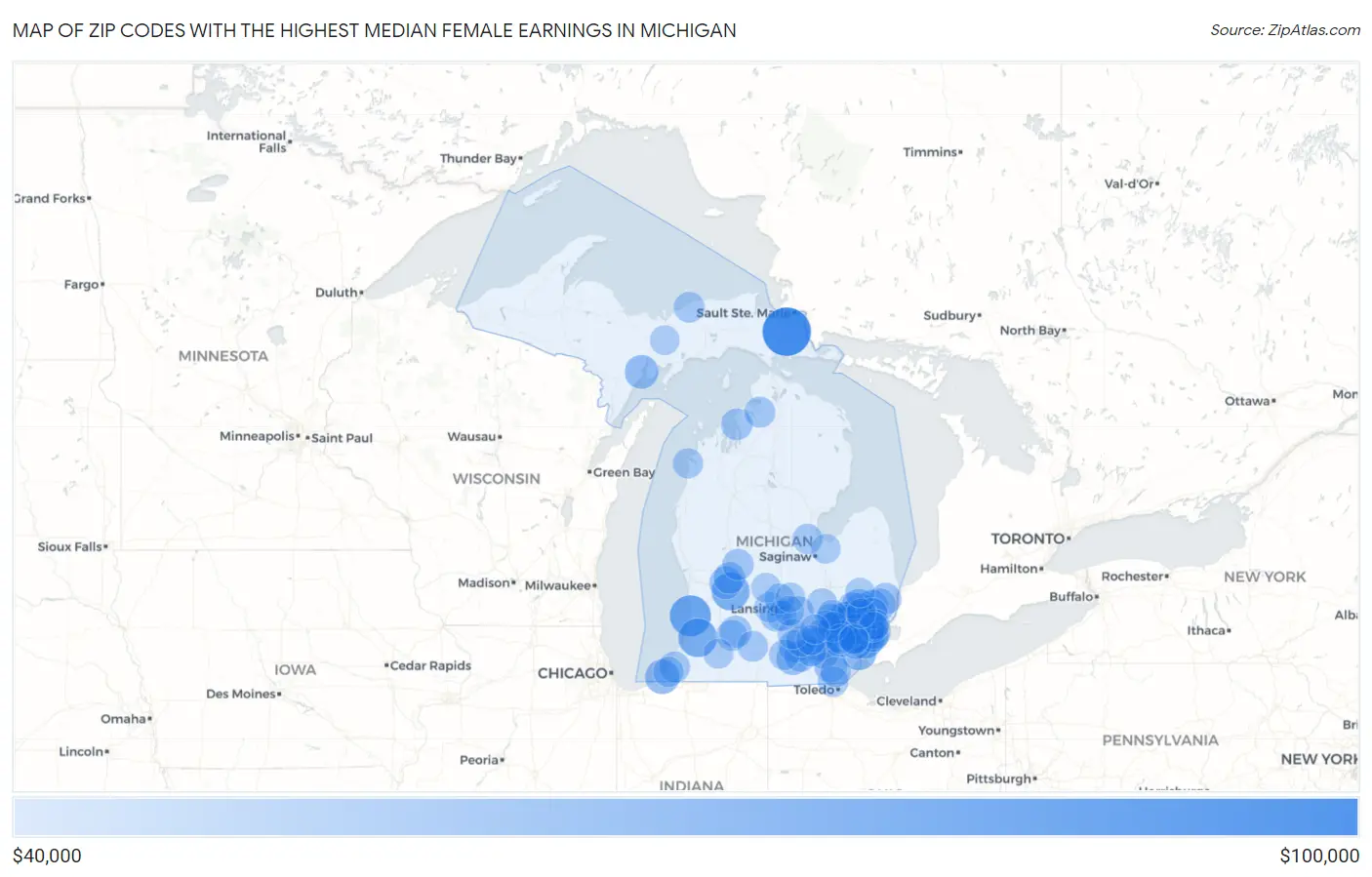 Zip Codes with the Highest Median Female Earnings in Michigan Map