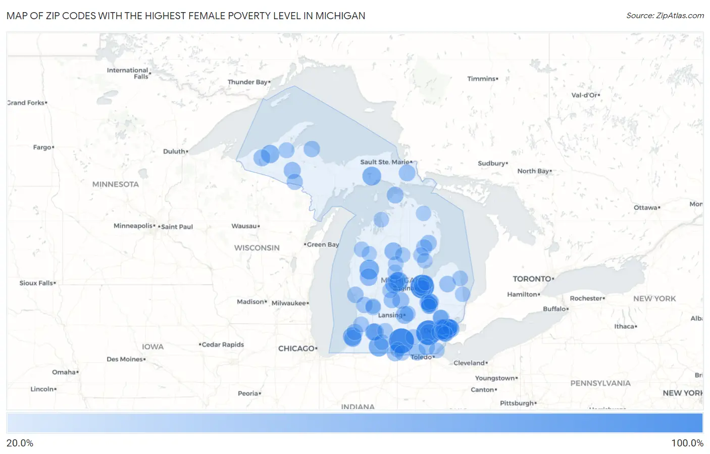 Zip Codes with the Highest Female Poverty Level in Michigan Map