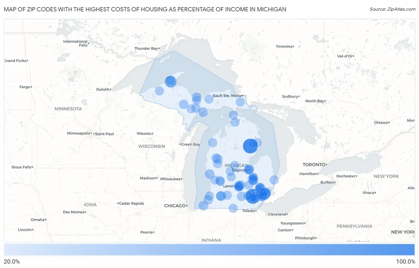 Zip Codes with the Highest Costs of Housing as Percentage of Income in Michigan Map