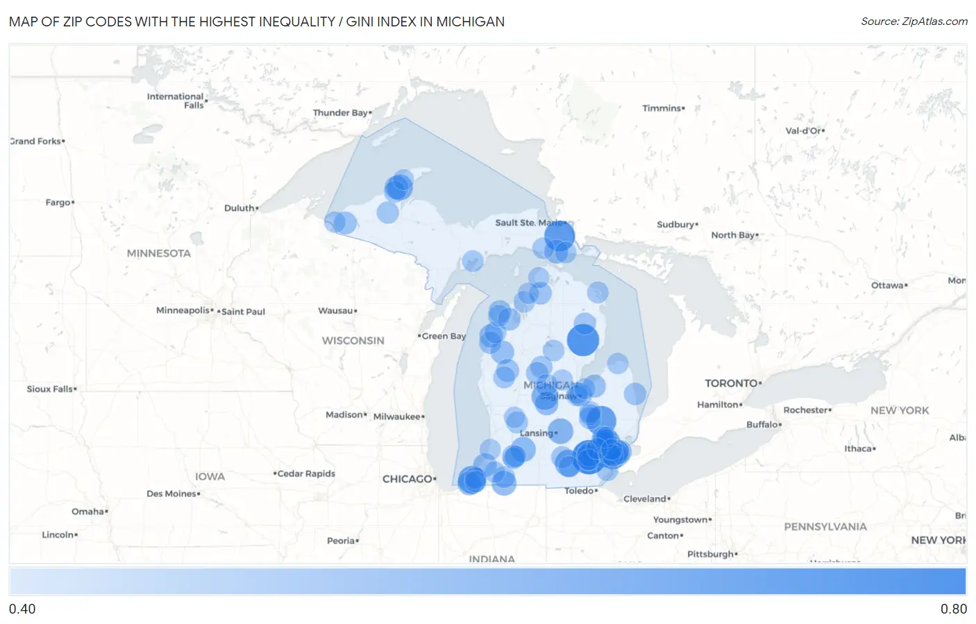Zip Codes with the Highest Inequality / Gini Index in Michigan Map