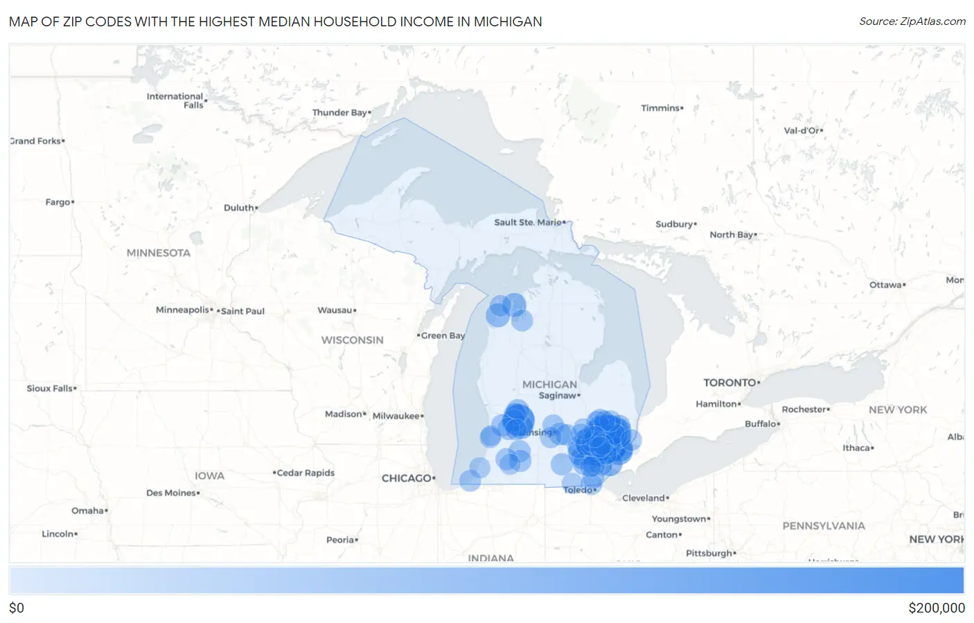 Zip Codes with the Highest Median Household Income in Michigan Map