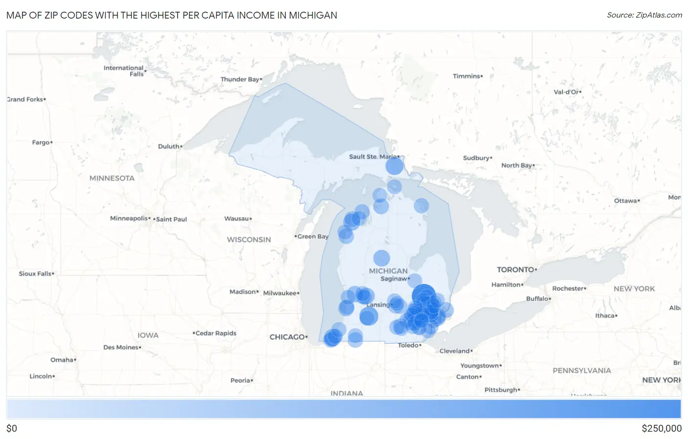Zip Codes with the Highest Per Capita Income in Michigan Map