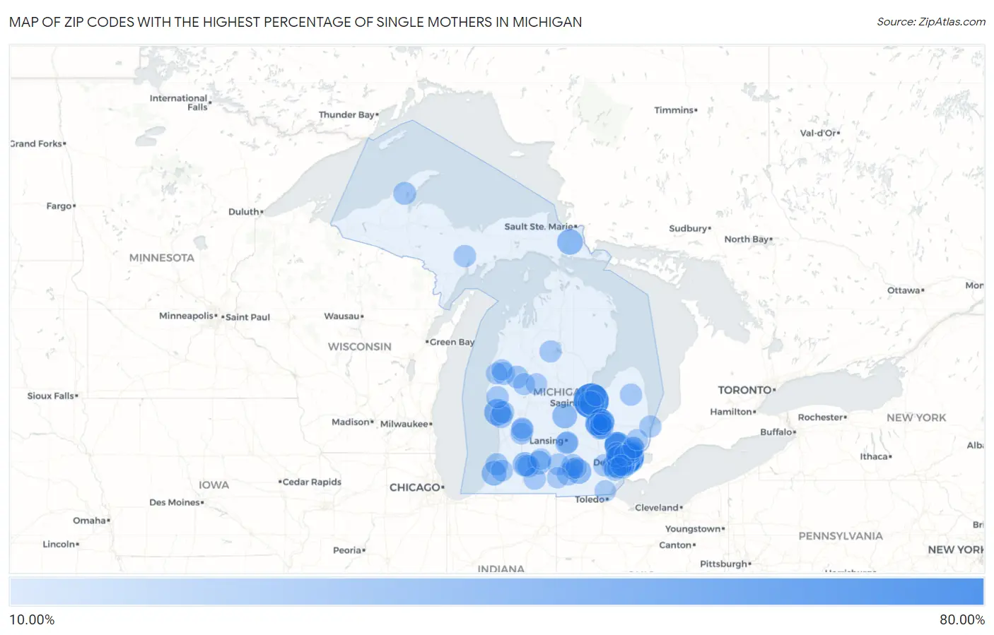 Zip Codes with the Highest Percentage of Single Mothers in Michigan Map