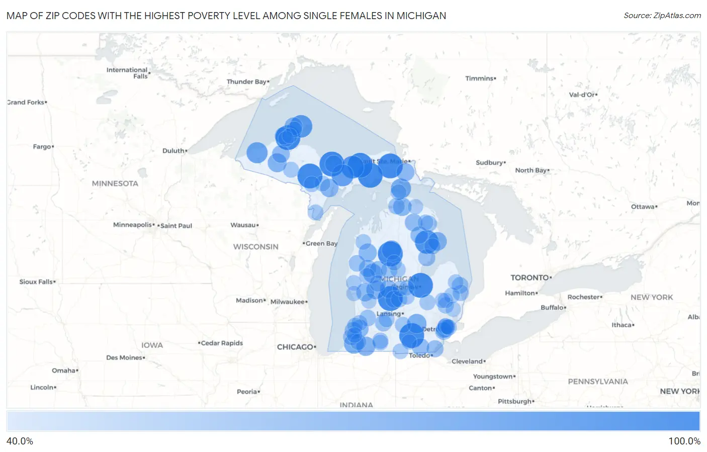 Zip Codes with the Highest Poverty Level Among Single Females in Michigan Map