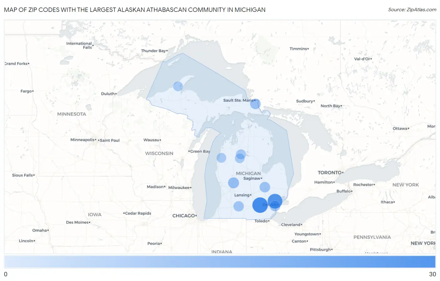 Zip Codes with the Largest Alaskan Athabascan Community in Michigan Map