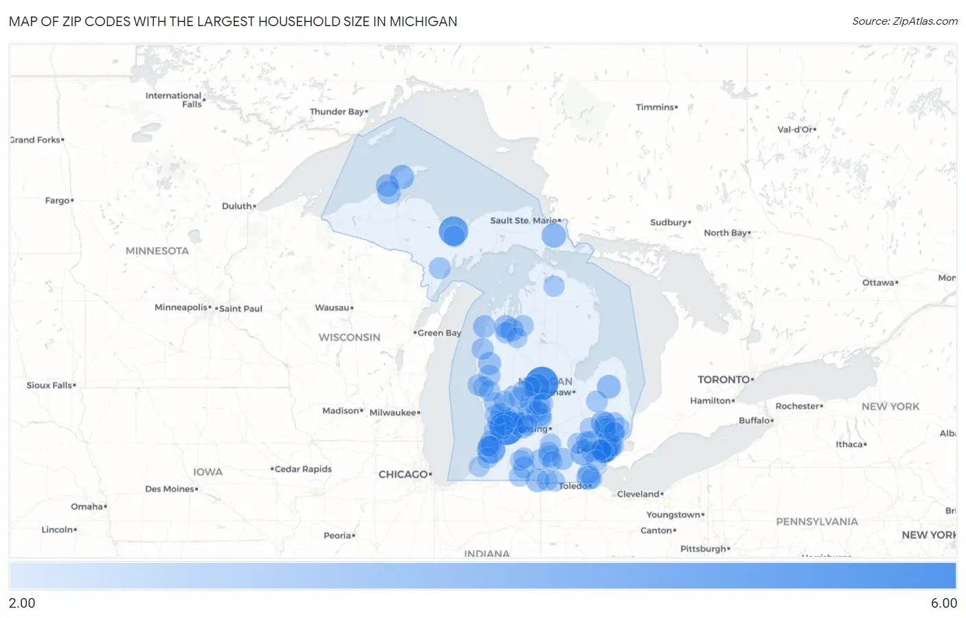 Zip Codes with the Largest Household Size in Michigan Map