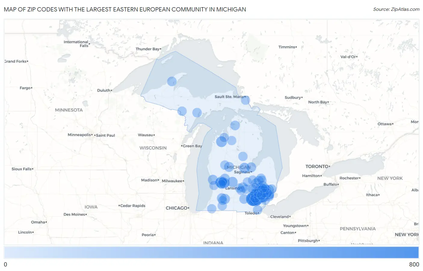 Zip Codes with the Largest Eastern European Community in Michigan Map