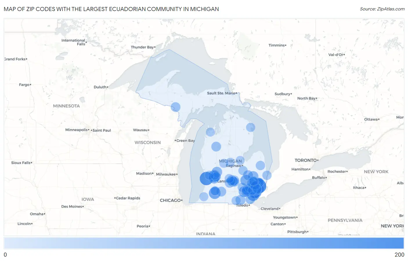 Zip Codes with the Largest Ecuadorian Community in Michigan Map