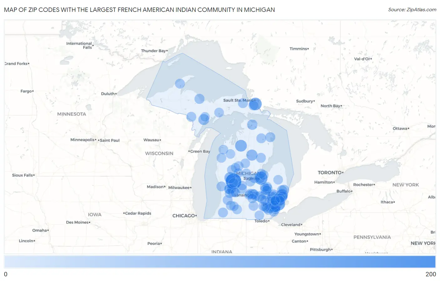 Zip Codes with the Largest French American Indian Community in Michigan Map