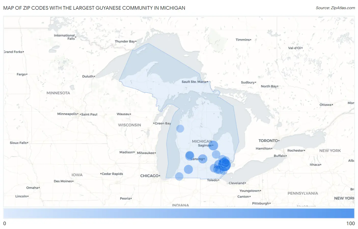 Zip Codes with the Largest Guyanese Community in Michigan Map