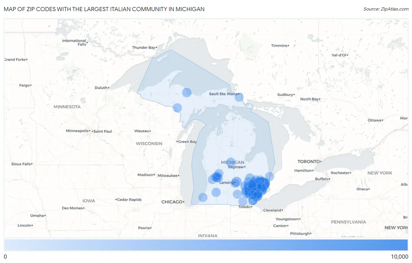 Zip Codes with the Largest Italian Community in Michigan Map