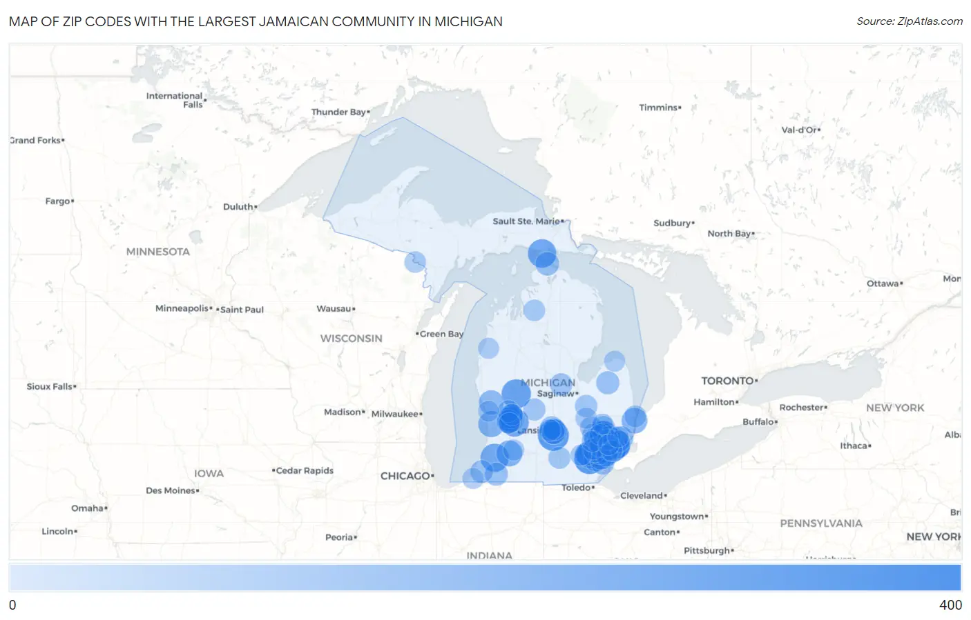 Zip Codes with the Largest Jamaican Community in Michigan Map