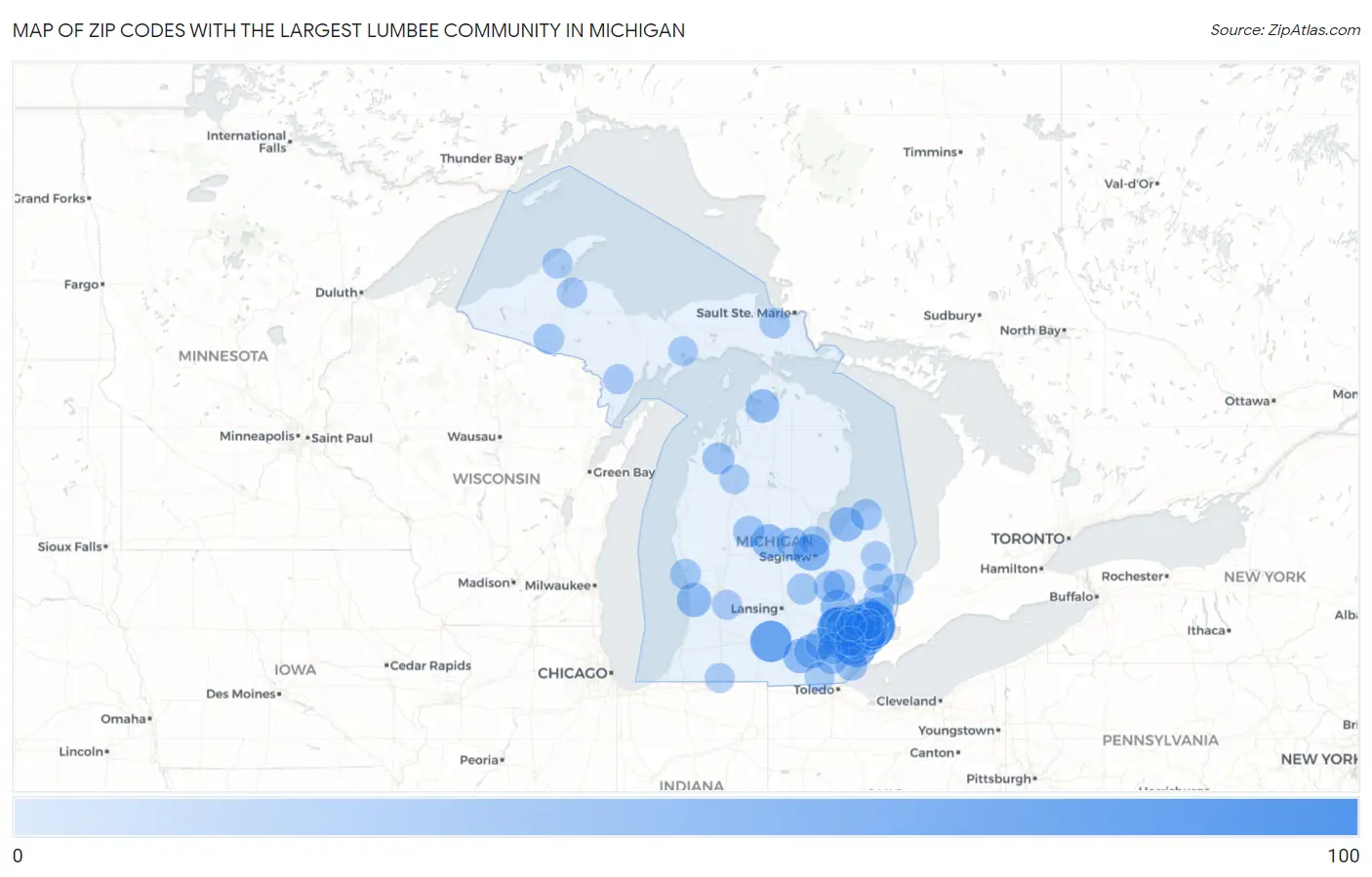 Zip Codes with the Largest Lumbee Community in Michigan Map