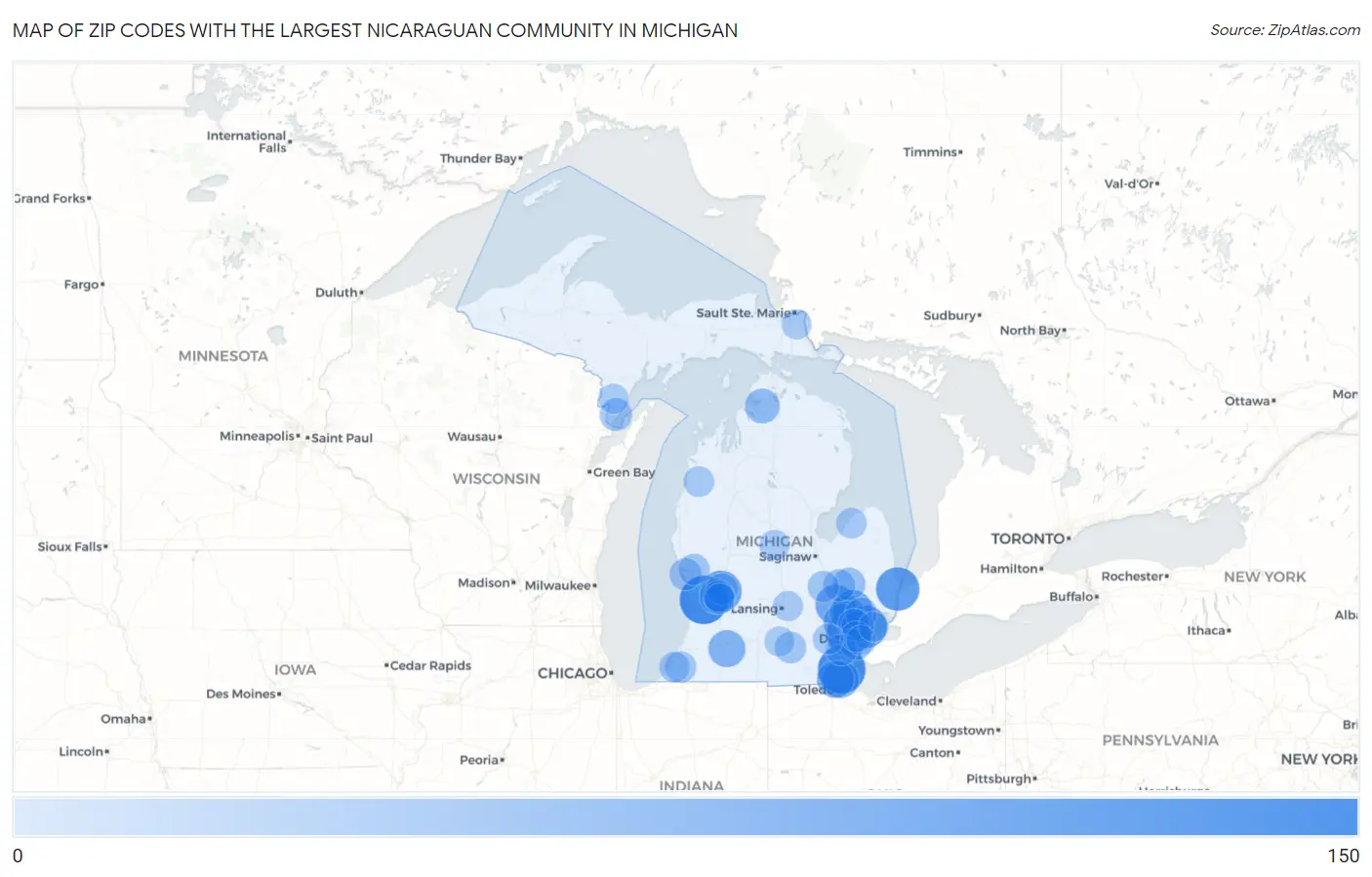 Zip Codes with the Largest Nicaraguan Community in Michigan Map