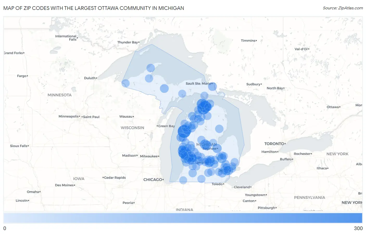 Zip Codes with the Largest Ottawa Community in Michigan Map