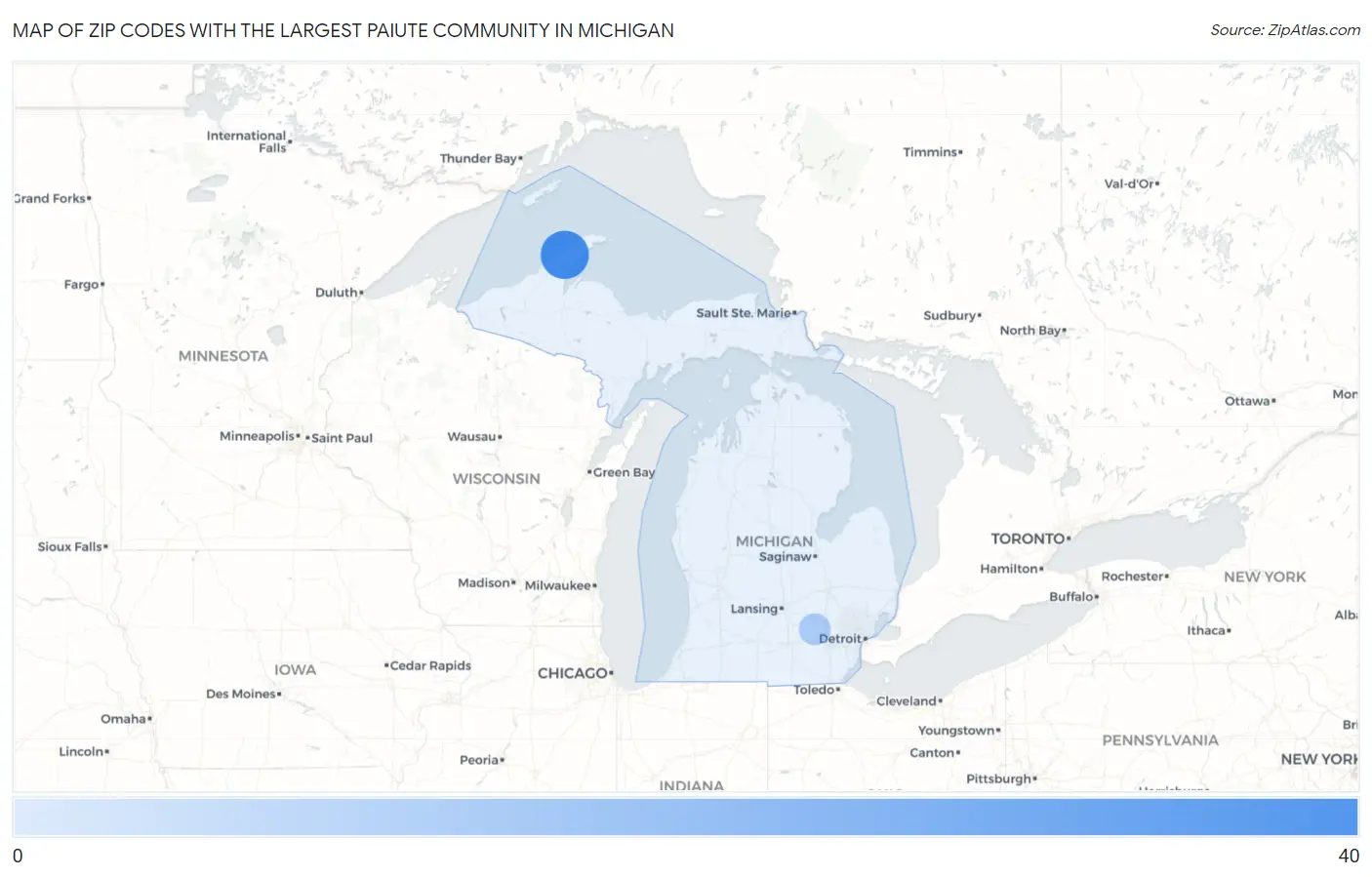 Zip Codes with the Largest Paiute Community in Michigan Map