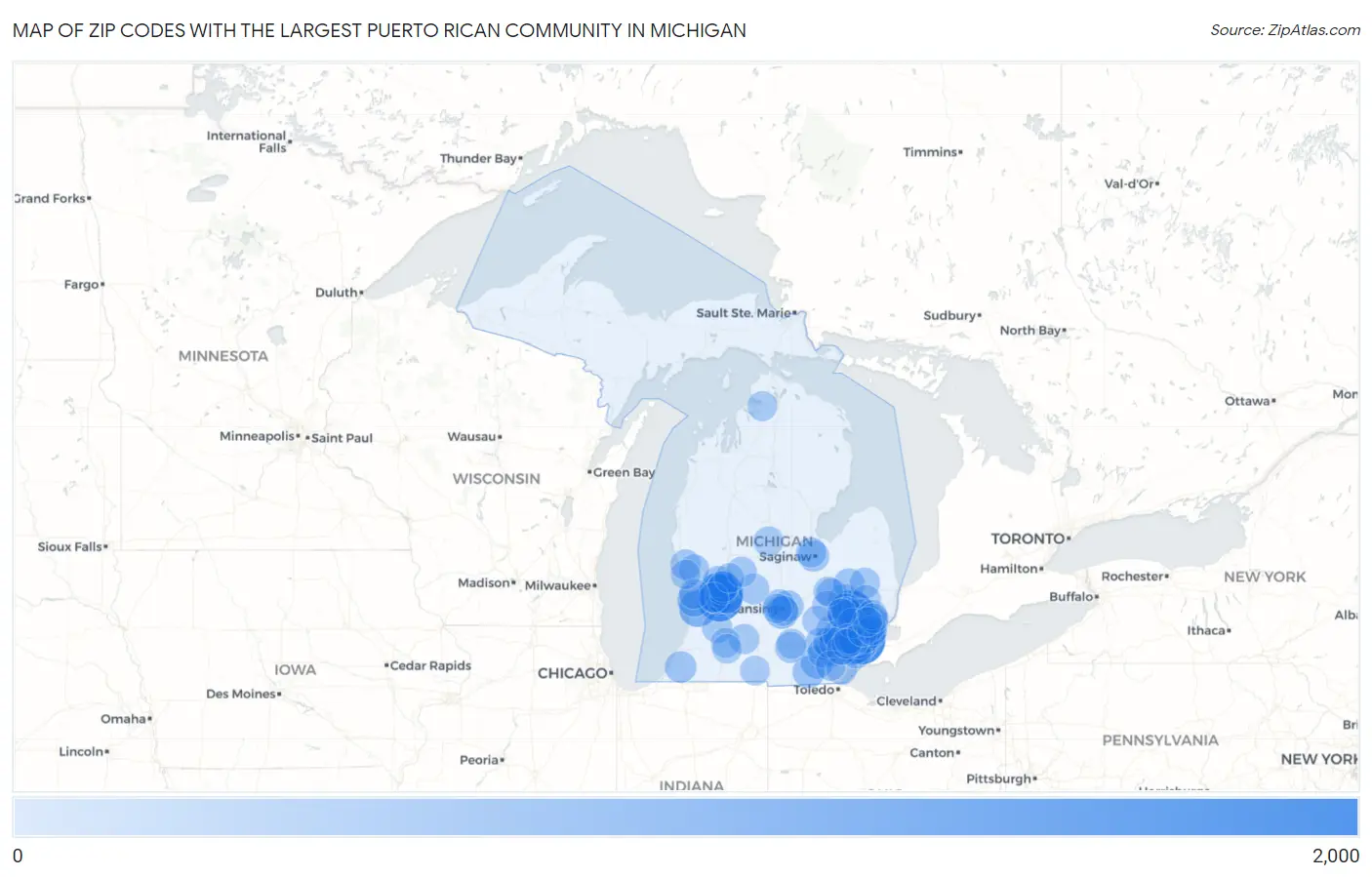 Zip Codes with the Largest Puerto Rican Community in Michigan Map