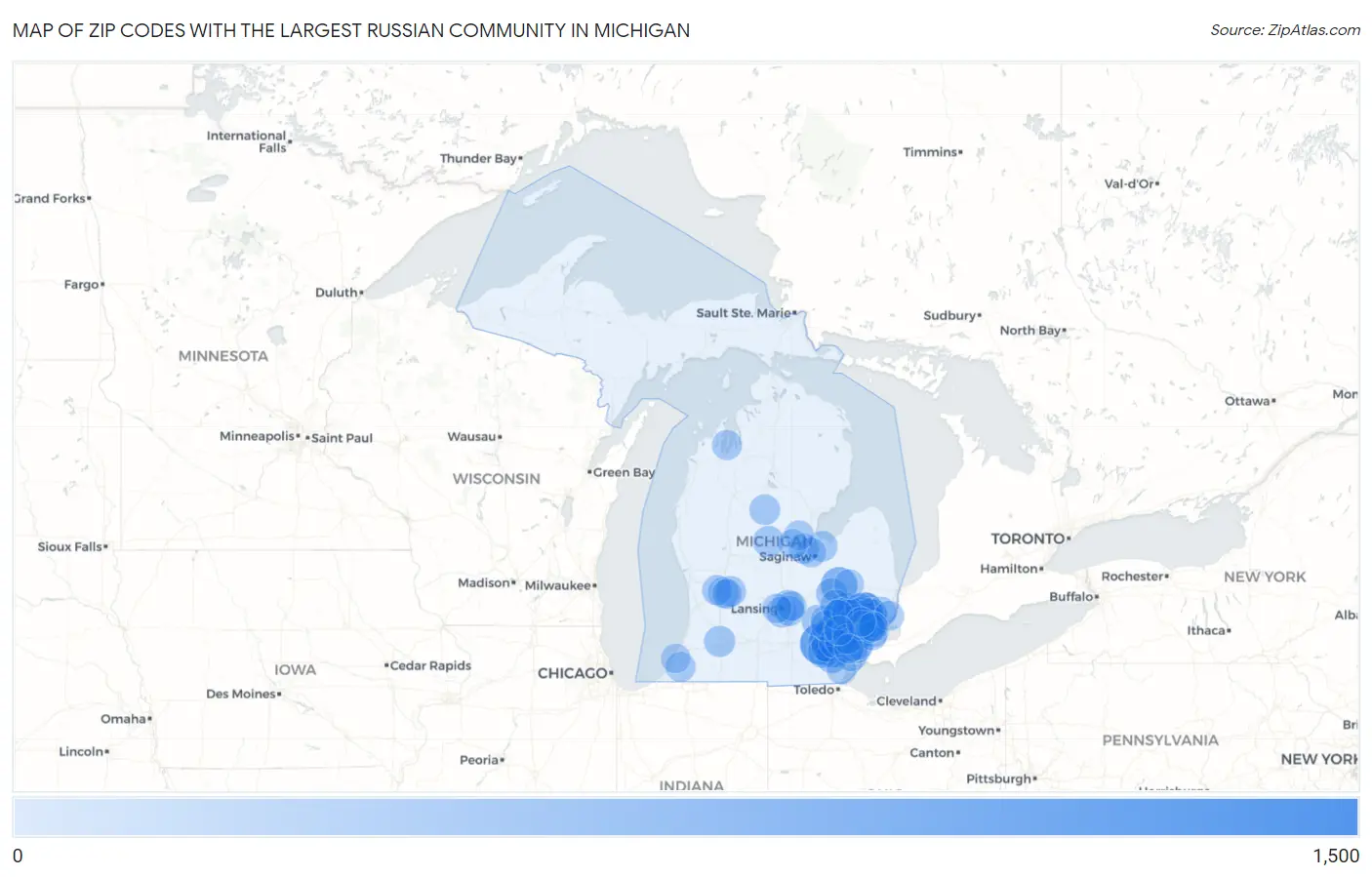 Zip Codes with the Largest Russian Community in Michigan Map