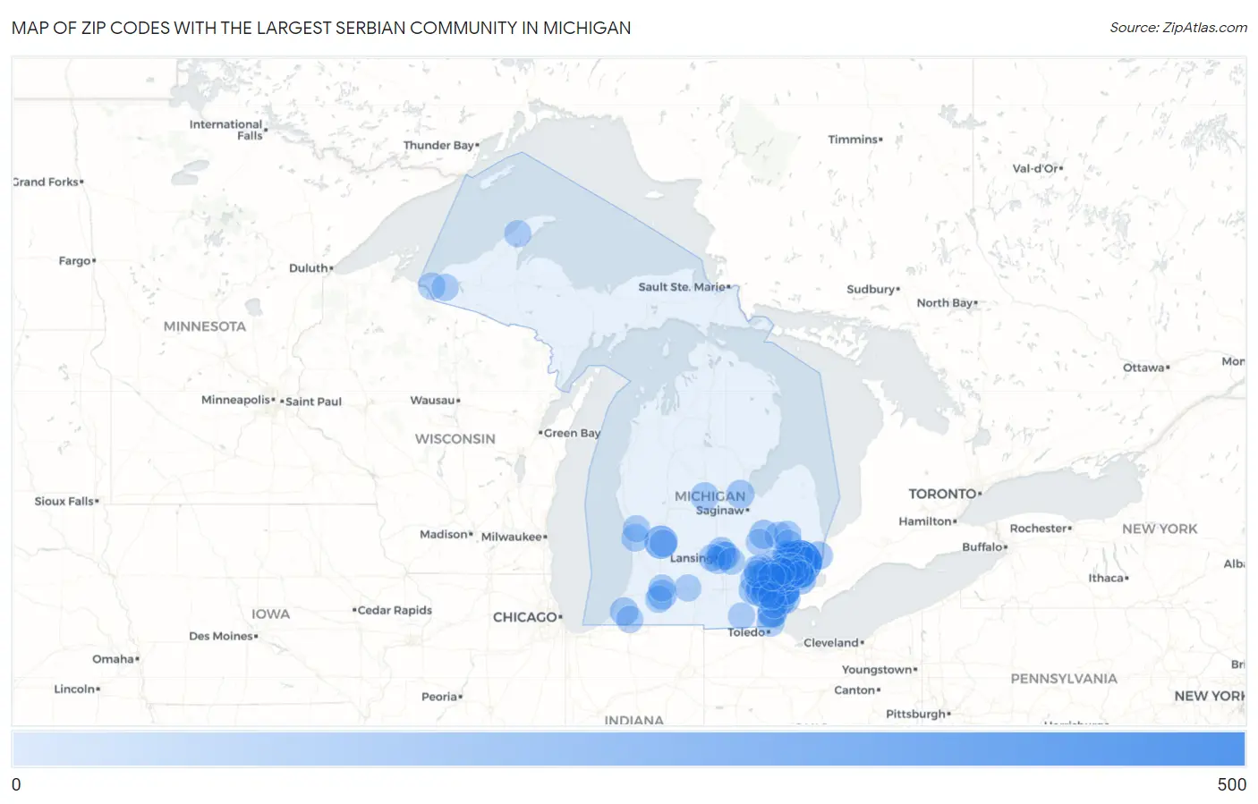 Zip Codes with the Largest Serbian Community in Michigan Map