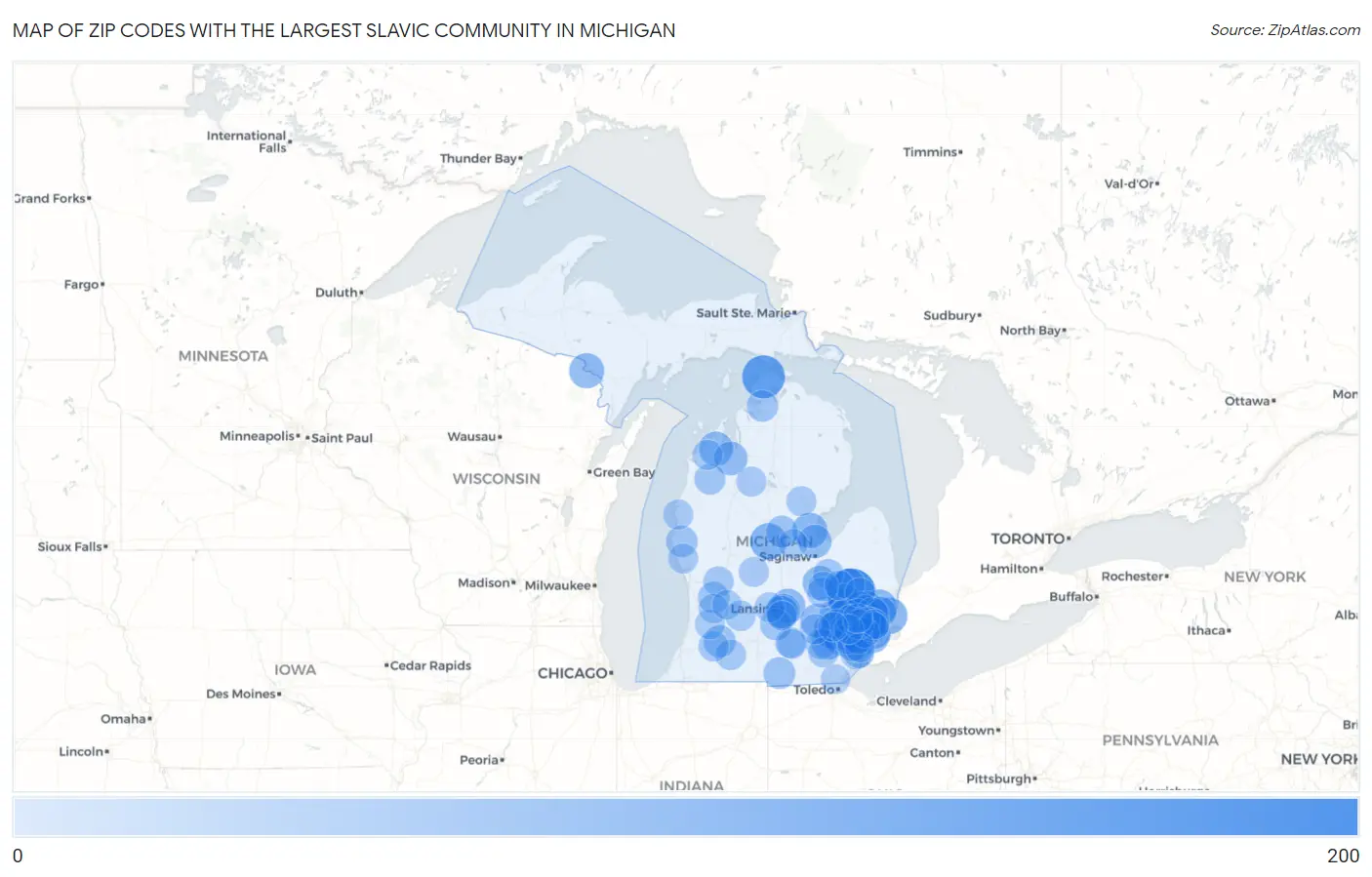 Zip Codes with the Largest Slavic Community in Michigan Map