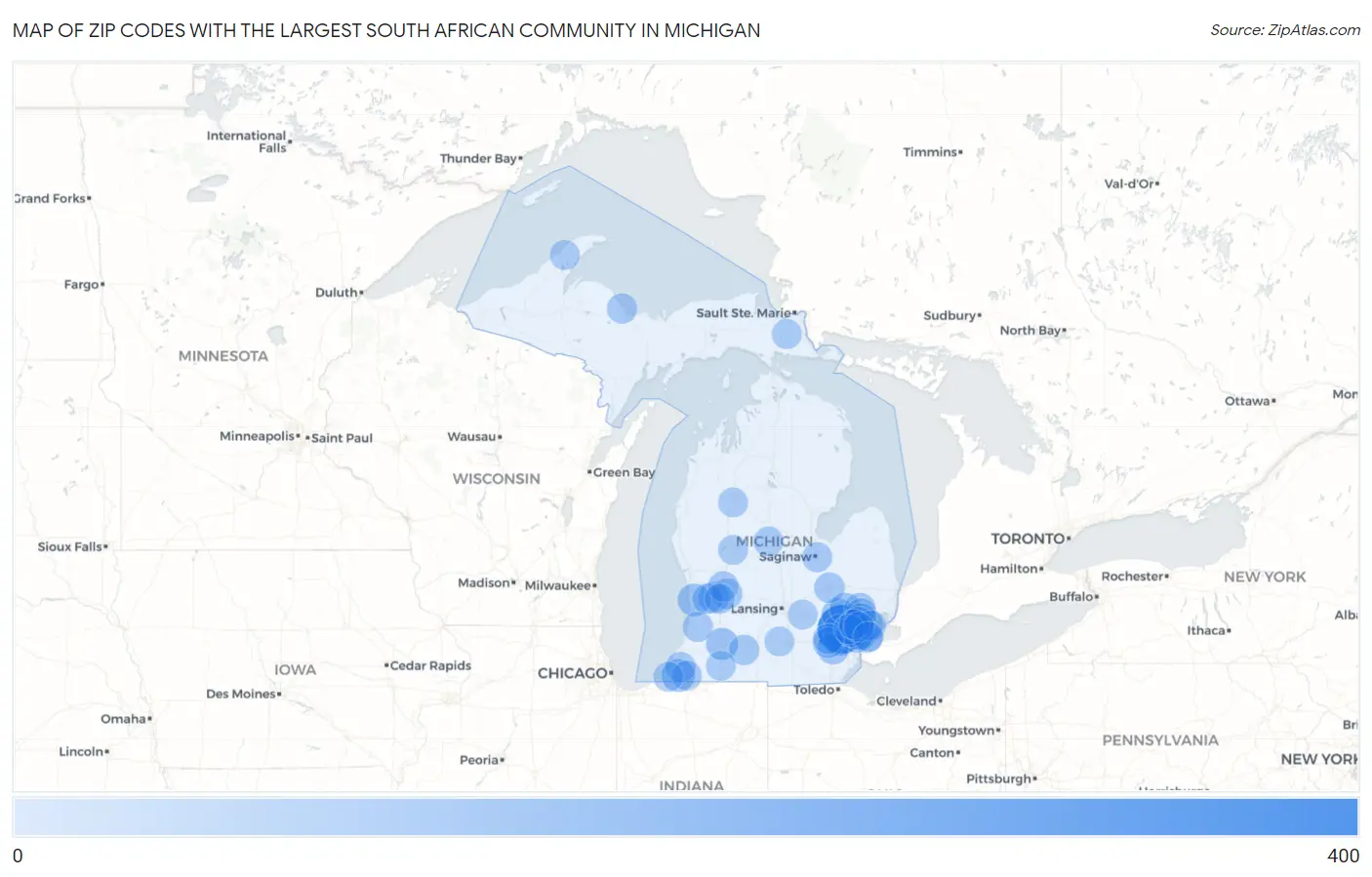 Zip Codes with the Largest South African Community in Michigan Map