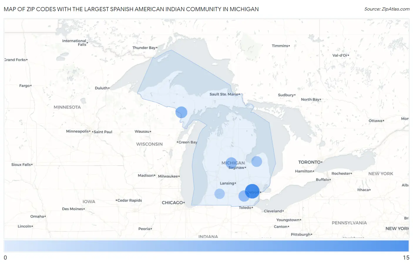 Zip Codes with the Largest Spanish American Indian Community in Michigan Map