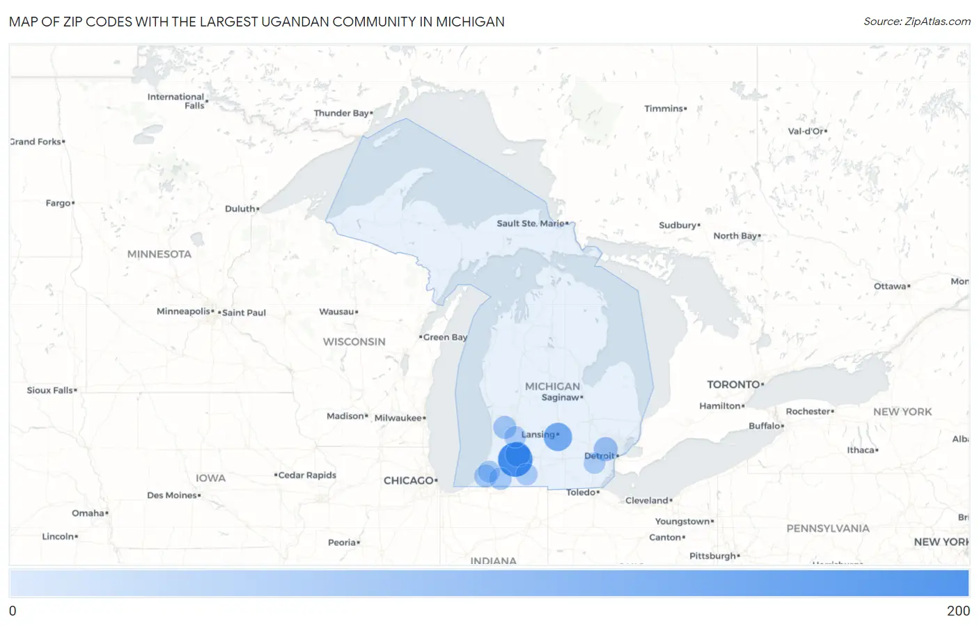 Zip Codes with the Largest Ugandan Community in Michigan Map