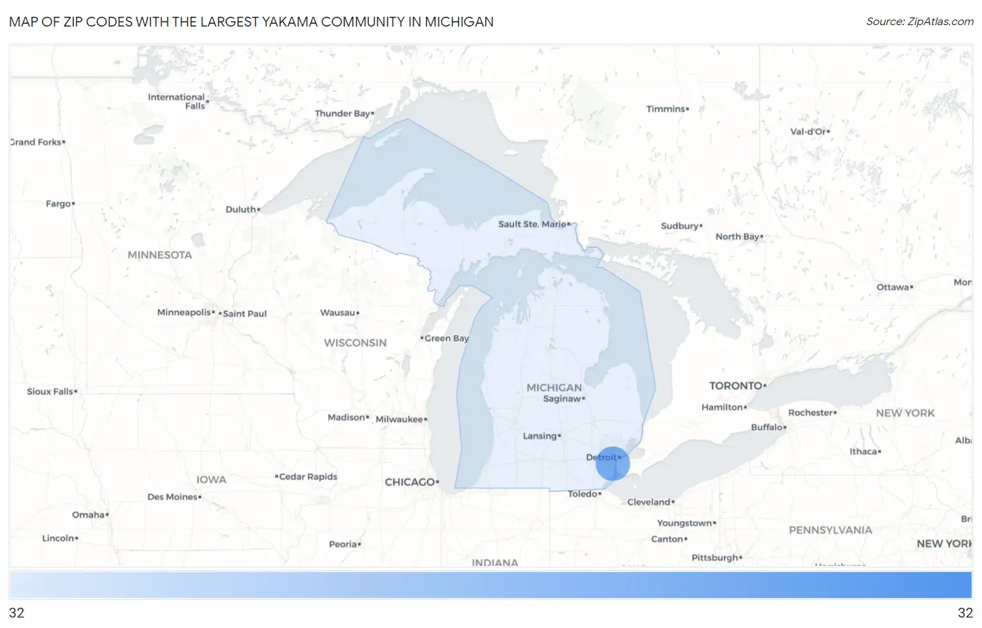Zip Codes with the Largest Yakama Community in Michigan Map