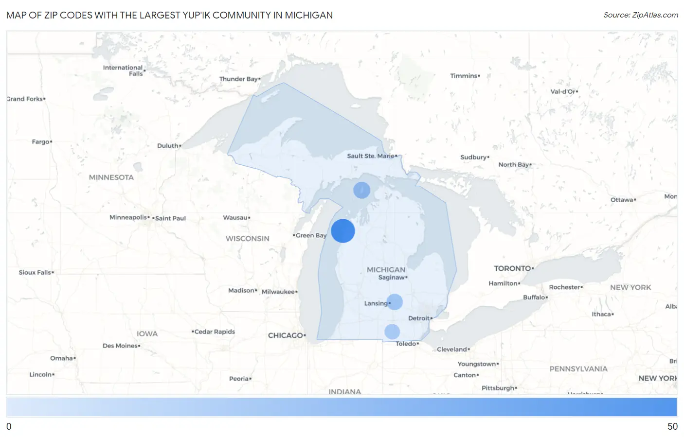 Zip Codes with the Largest Yup'ik Community in Michigan Map