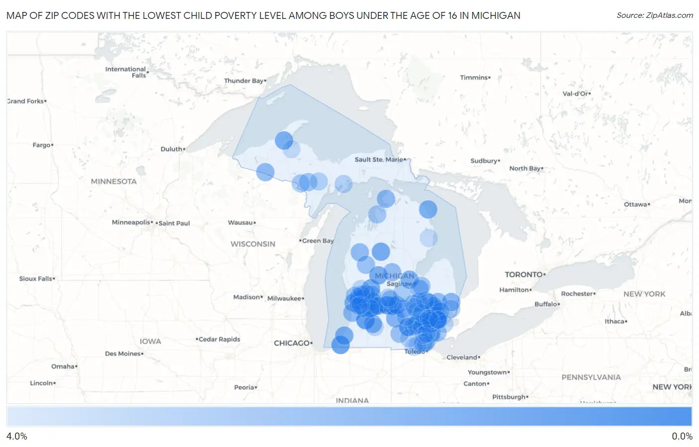 Zip Codes with the Lowest Child Poverty Level Among Boys Under the Age of 16 in Michigan Map