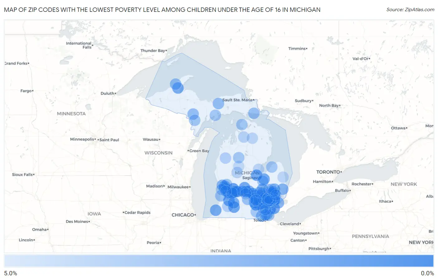 Zip Codes with the Lowest Poverty Level Among Children Under the Age of 16 in Michigan Map
