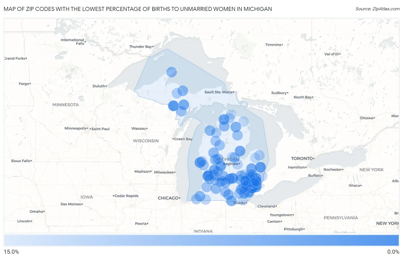 Zip Codes with the Lowest Percentage of Births to Unmarried Women in Michigan Map