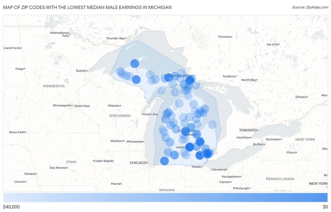 Zip Codes with the Lowest Median Male Earnings in Michigan Map