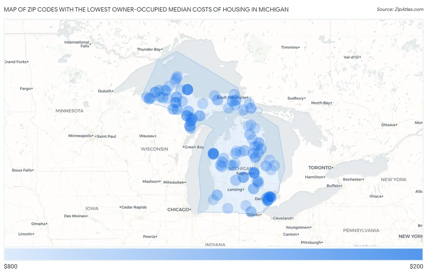 Zip Codes with the Lowest Owner-Occupied Median Costs of Housing in Michigan Map