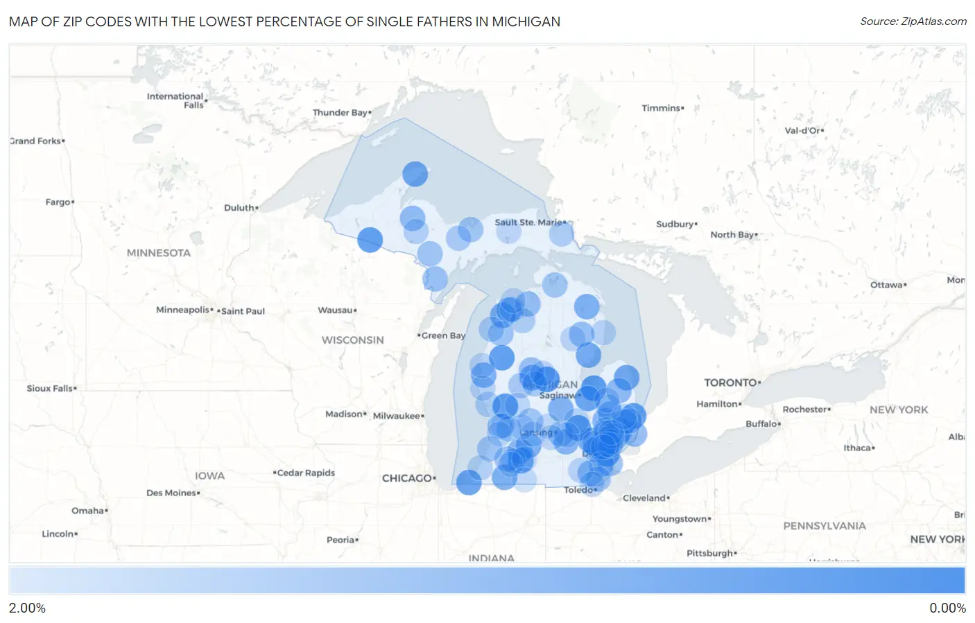 Zip Codes with the Lowest Percentage of Single Fathers in Michigan Map