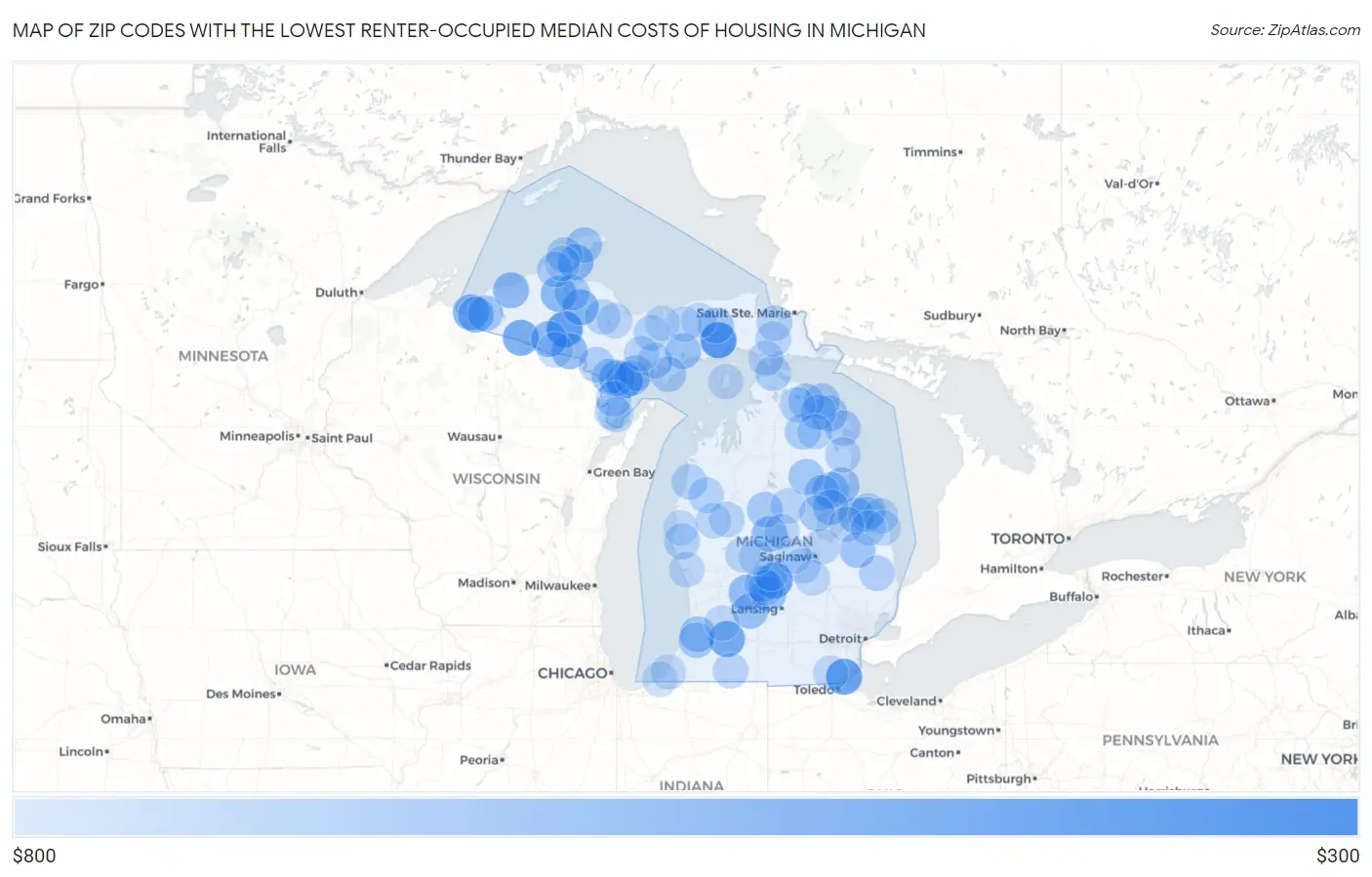 Zip Codes with the Lowest Renter-Occupied Median Costs of Housing in Michigan Map