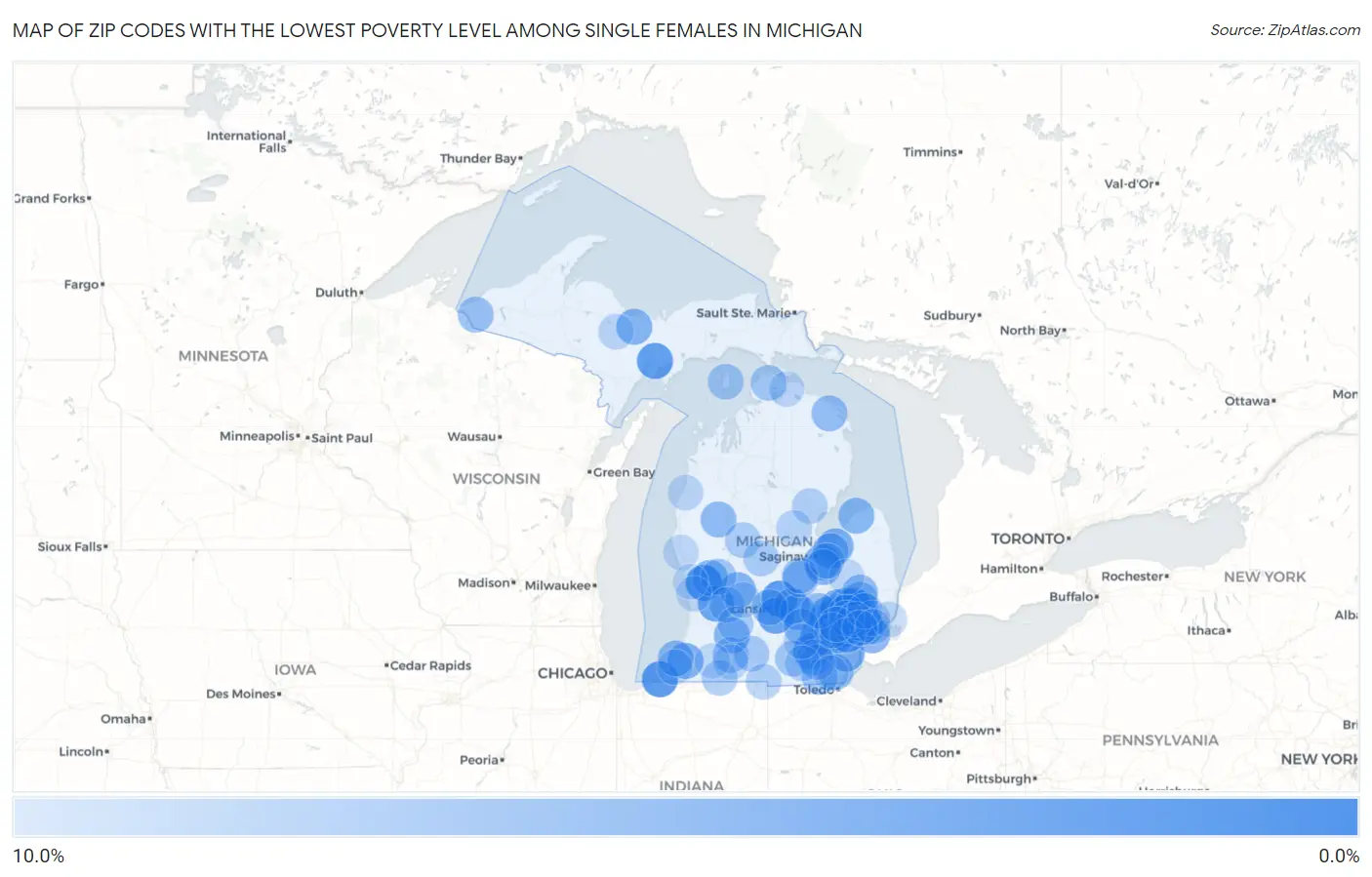 Zip Codes with the Lowest Poverty Level Among Single Females in Michigan Map