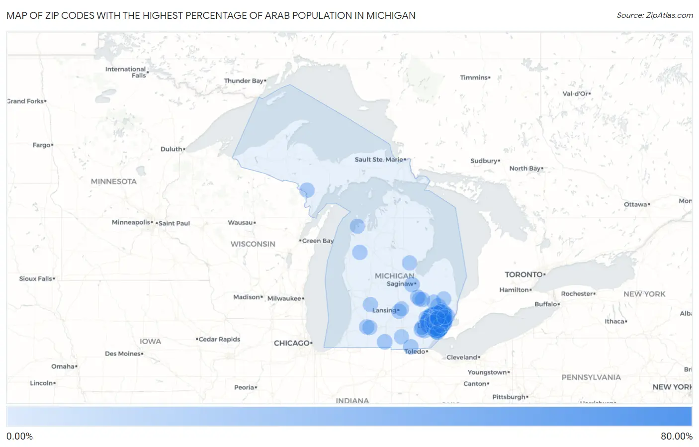 Zip Codes with the Highest Percentage of Arab Population in Michigan Map