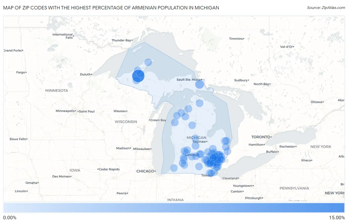 Zip Codes with the Highest Percentage of Armenian Population in Michigan Map