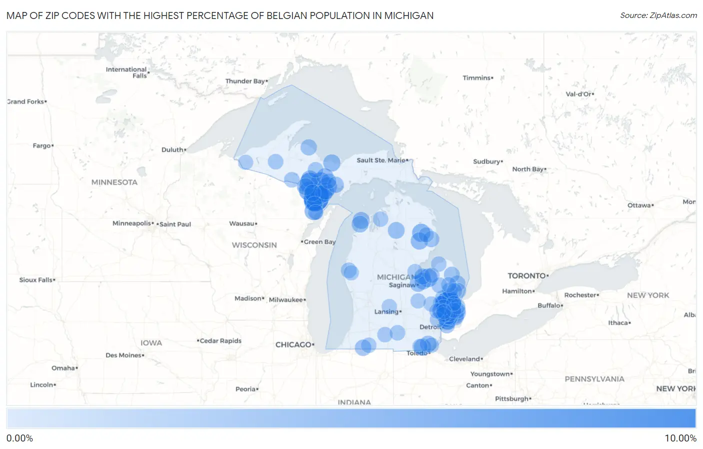 Zip Codes with the Highest Percentage of Belgian Population in Michigan Map