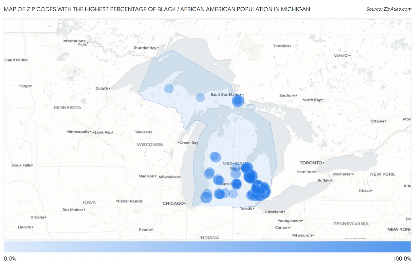 Zip Codes with the Highest Percentage of Black / African American Population in Michigan Map