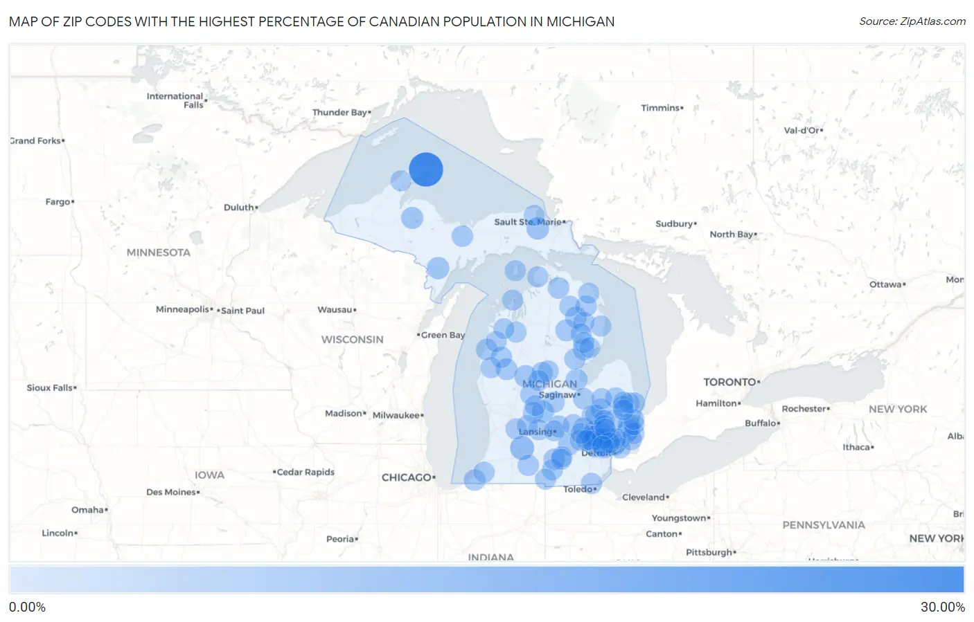 Zip Codes with the Highest Percentage of Canadian Population in Michigan Map