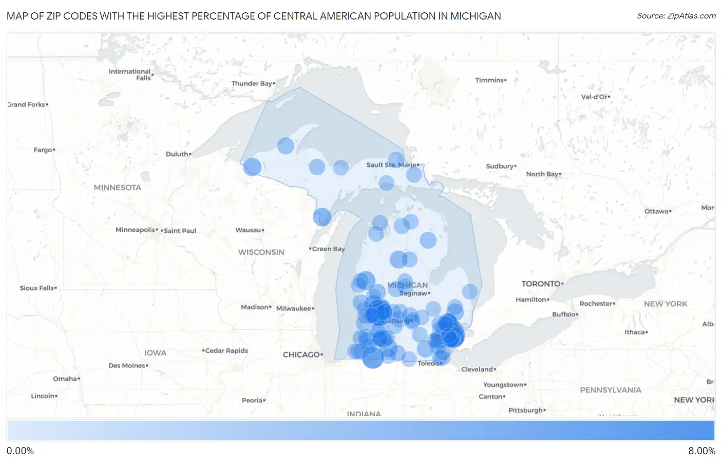 Zip Codes with the Highest Percentage of Central American Population in Michigan Map