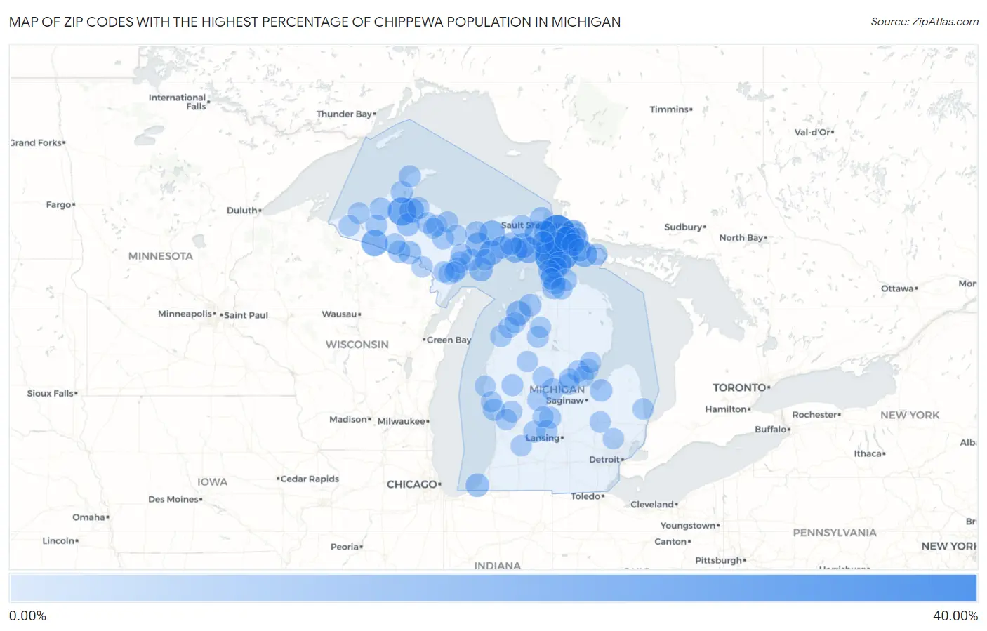 Zip Codes with the Highest Percentage of Chippewa Population in Michigan Map